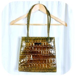 VTG 90s Green Croc Embossed Vinyl Shoudler bag by ESPRIT w long Shoulder Straps